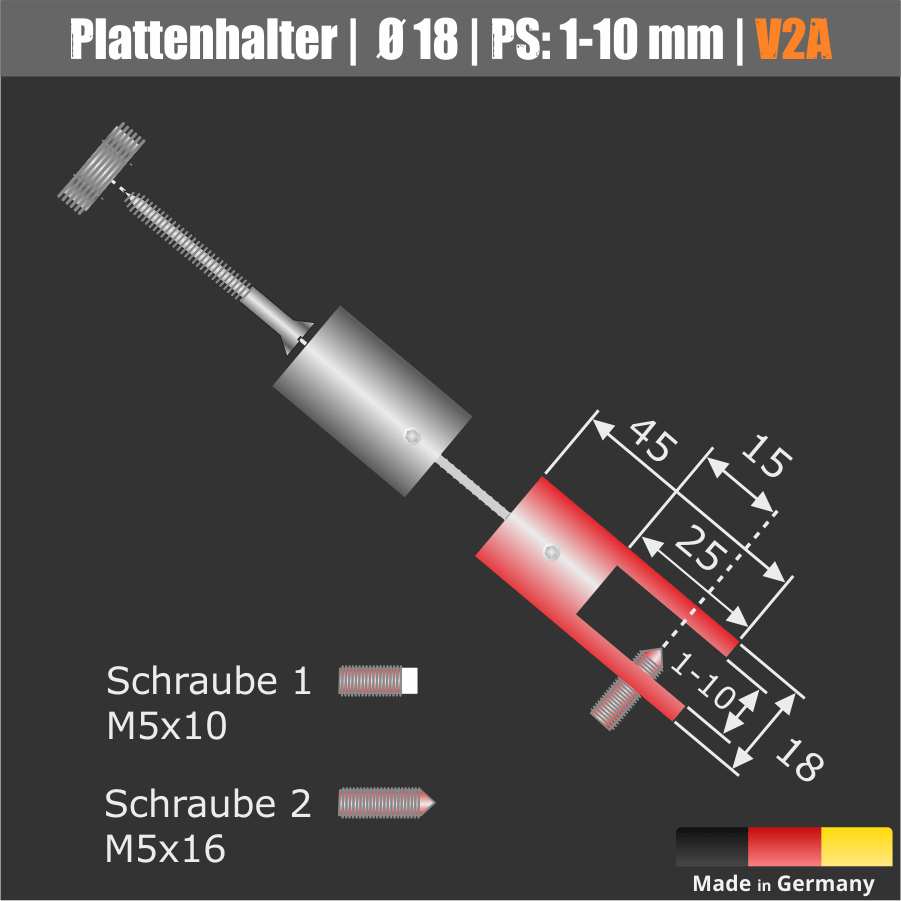 Plattenhalter Ø18mm L:45mm PS:1-10mm Seil Ø 1,5 - 2mm | Edelstahl V2A