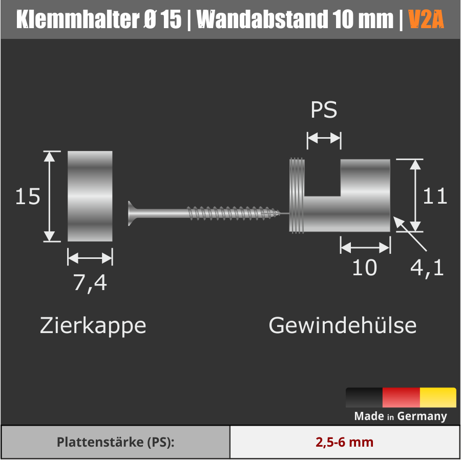 4er Set Spiegelhalter-Klemmhalter WA: 5mm Edelstahl große schwere Spi