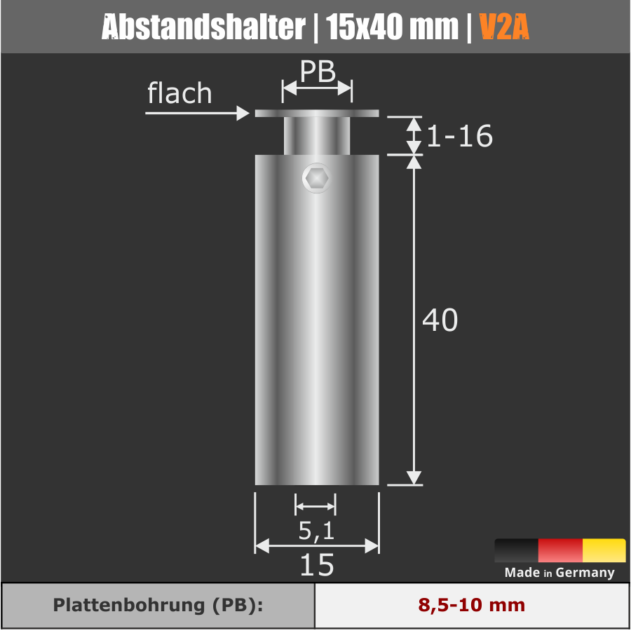 Lieferumfang: Abstandshalter lang Edelstahl V2A Ø 15mm WA: 40mm PS: 1-16mm | flach