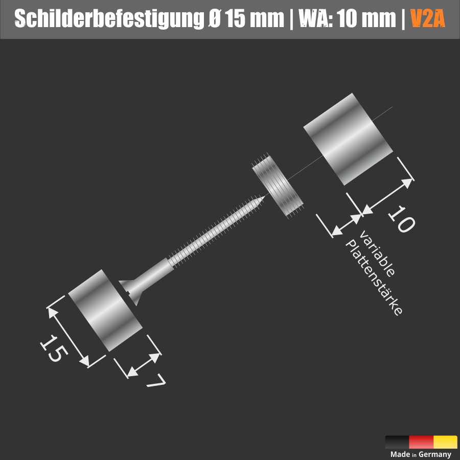 Schilderbefestigung Edelstahl V2A Ø 15x10mm Schildhalter PS: variabel