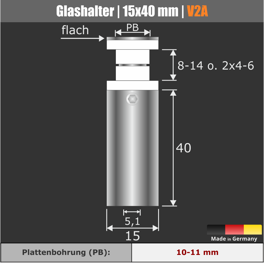 Glashalter Edelstahl Ø15x40mm PS: 8-14mm o. 2x 4-6mm | Stockschraube