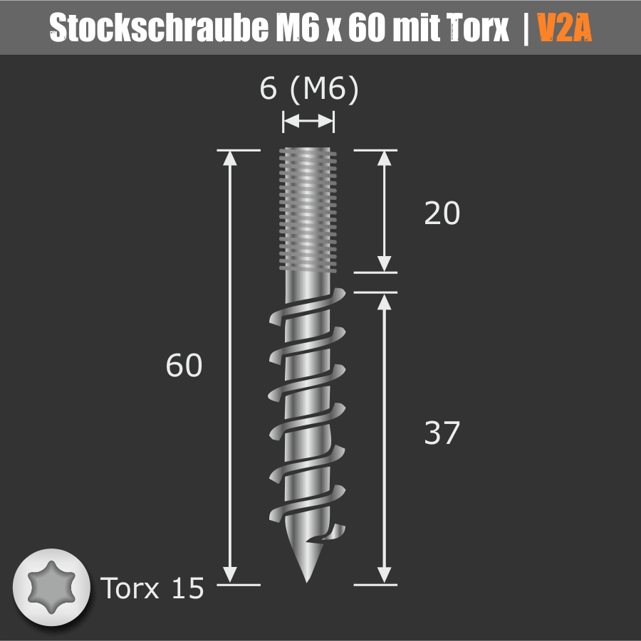 Stockschraube M6x60 mm Edelstahl V2A A2 rostfrei | Torx-Antrieb 15