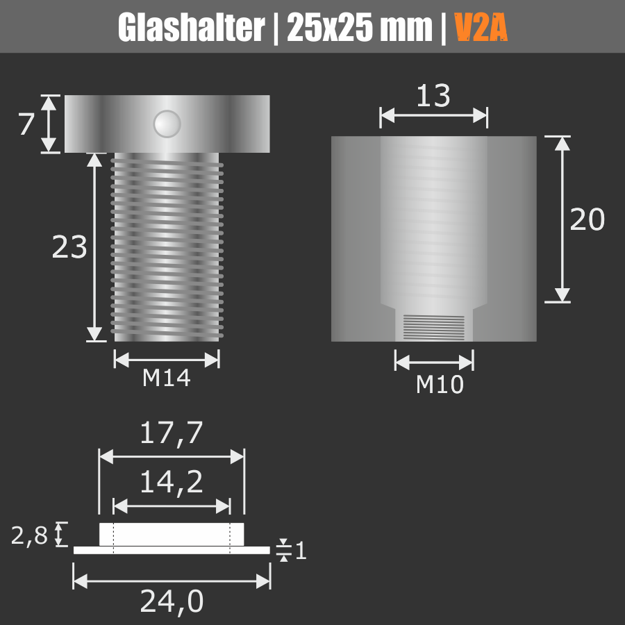 Glashalter mit Stockschraube M10 Ø 25x25mm PS:6-18 o.2x3-9mm Edelstahl