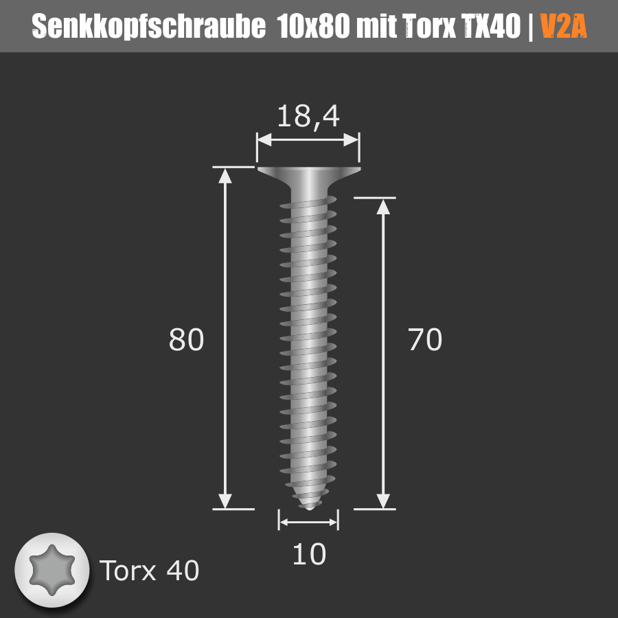 Schraube 10x80 mm Edelstahl V2A A2 Senkkopf verstärkter Kopf | Torx 40