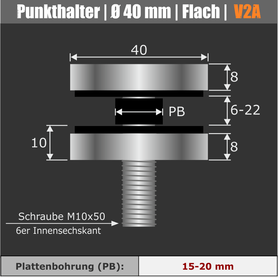 PLAROL Metallbaubedarf - Punkthalter V2A, Ø50mm, Anschluss flach, Gewinde M8