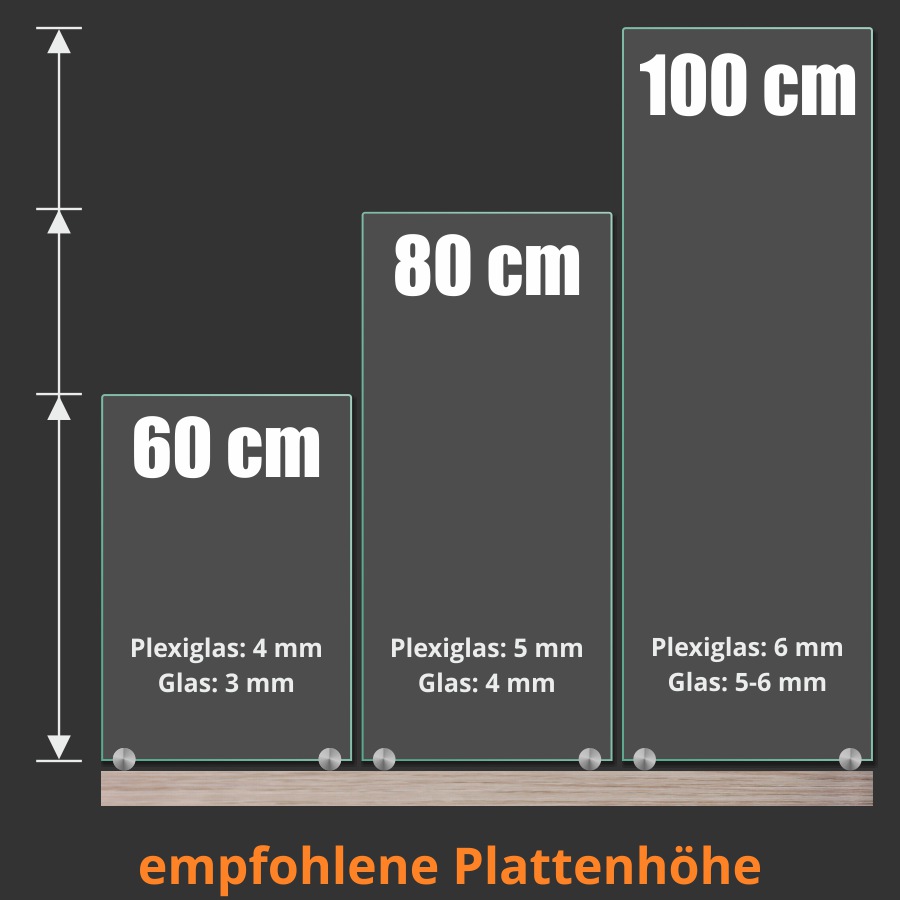 großer Tischaufsteller 150mm Spuckschutz Plexiglas Glas Platten Ø18 PS:2-6mm 