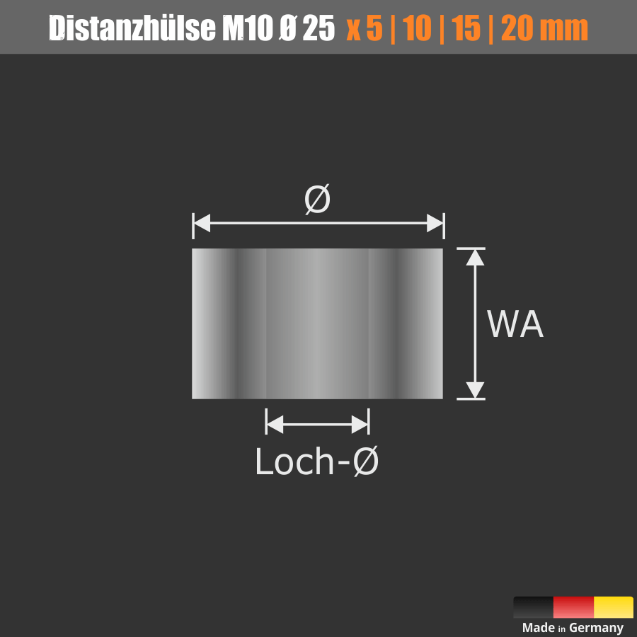 Distanzhülse Ø 25mm L-Ø: 10,2mm | Distanzhalter M8 | M10 | Distanzbuchse Edelstahl | V2A