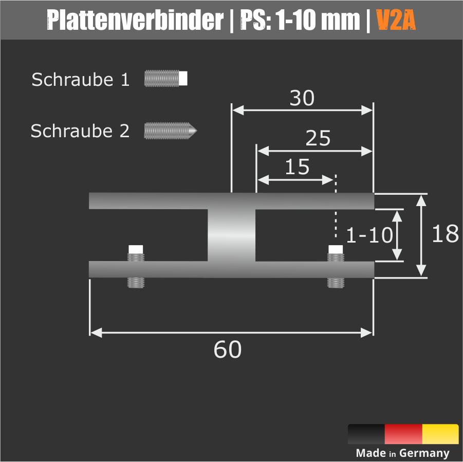 Plattenverbinder Schilder Glasverbinder Glasklemme Edelstahl Ø18 mm PS: 1-10 mm