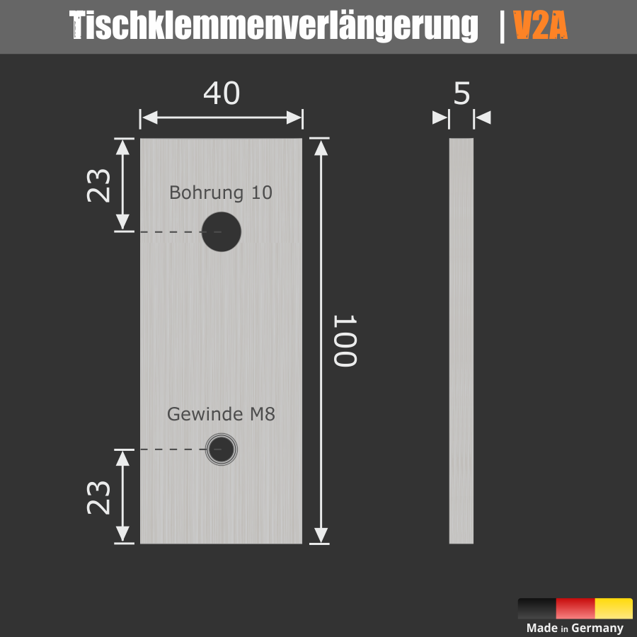 Tischklemmenerweiterung Edelstahl V2A 40x100x5 mm | Monitorhalterung