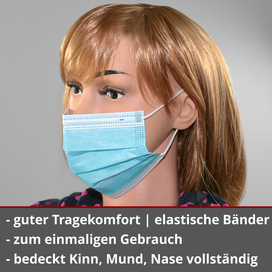 Einwegmaske 3-lagig Atem Nase Mund Maske Gesichtsmaske OP-hellblau Mundmaske | Mundbedeckung | Alltagsmaske