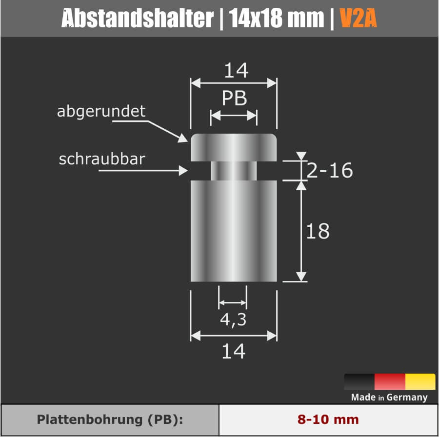 Schilderhalter Edelstahl Abstandhalter V2A Ø 14 mm WA: 18 mm dicke Platten