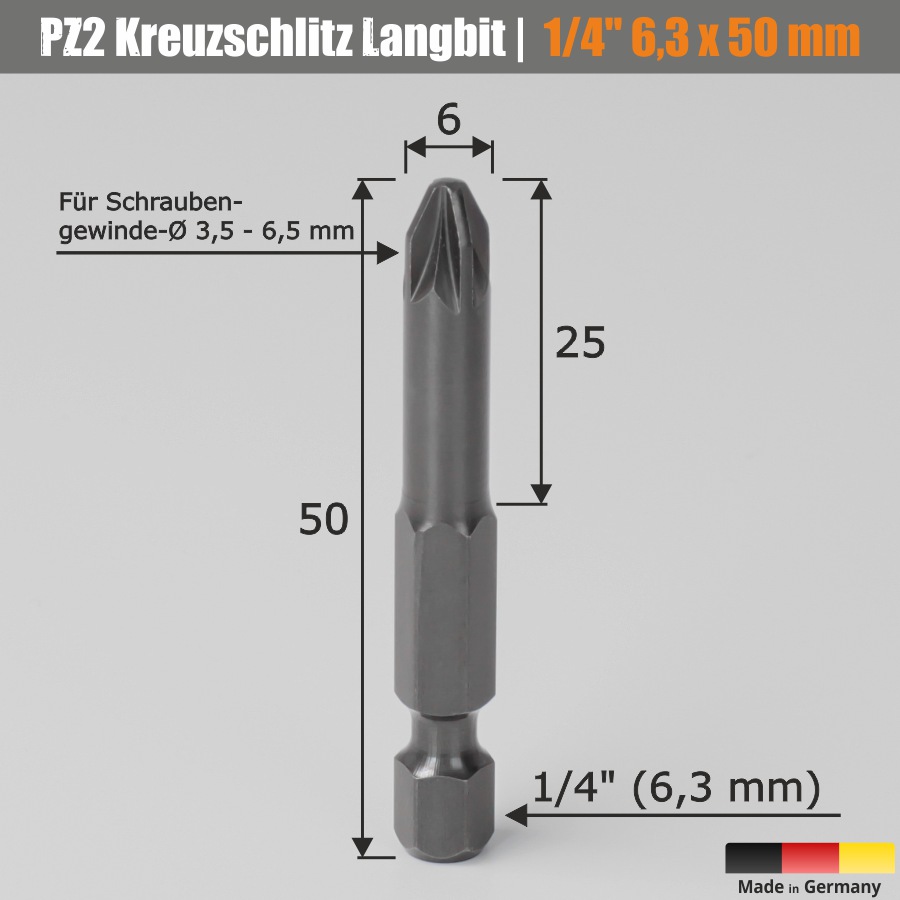 Langer Kreuz-Bitt PZ2 50 mm Pozidriv-Kreuzschlitz-Bit 6,35 mm Sechskant