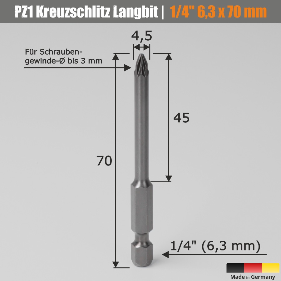 Langer Kreuz-Bitt PZ1 70 mm Pozidriv-Kreuzschlitz-Bit 6,35 mm Sechskant