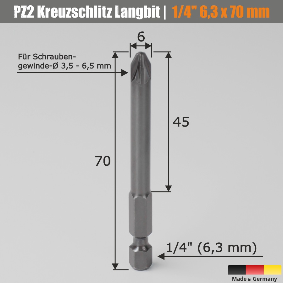 Langer Kreuz-Bit PZ2 70 mm Pozidriv-Kreuzschlitz-Bit 6,35 mm Sechskant