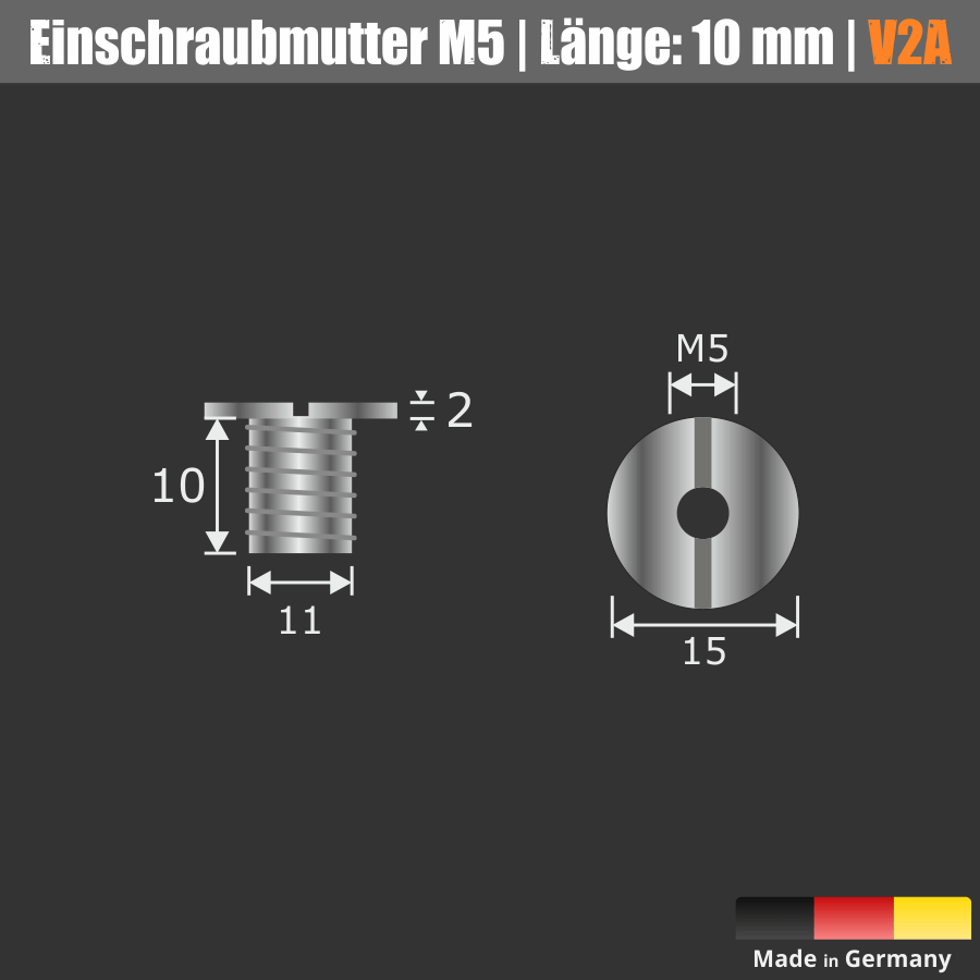 Lieferumfang: M5-Einschraubmutter Ø 11x10 mm mit Innengewinde für dicke Platten ab 15 mm
