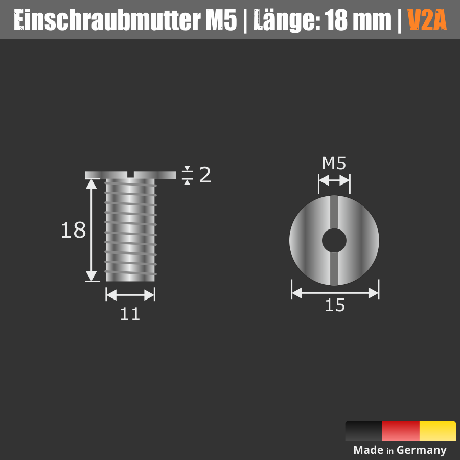 Lieferumfang: M5-Einschraubmutter Ø 11x18 mm mit Innengewinde für dicke Platten ab 23 mm