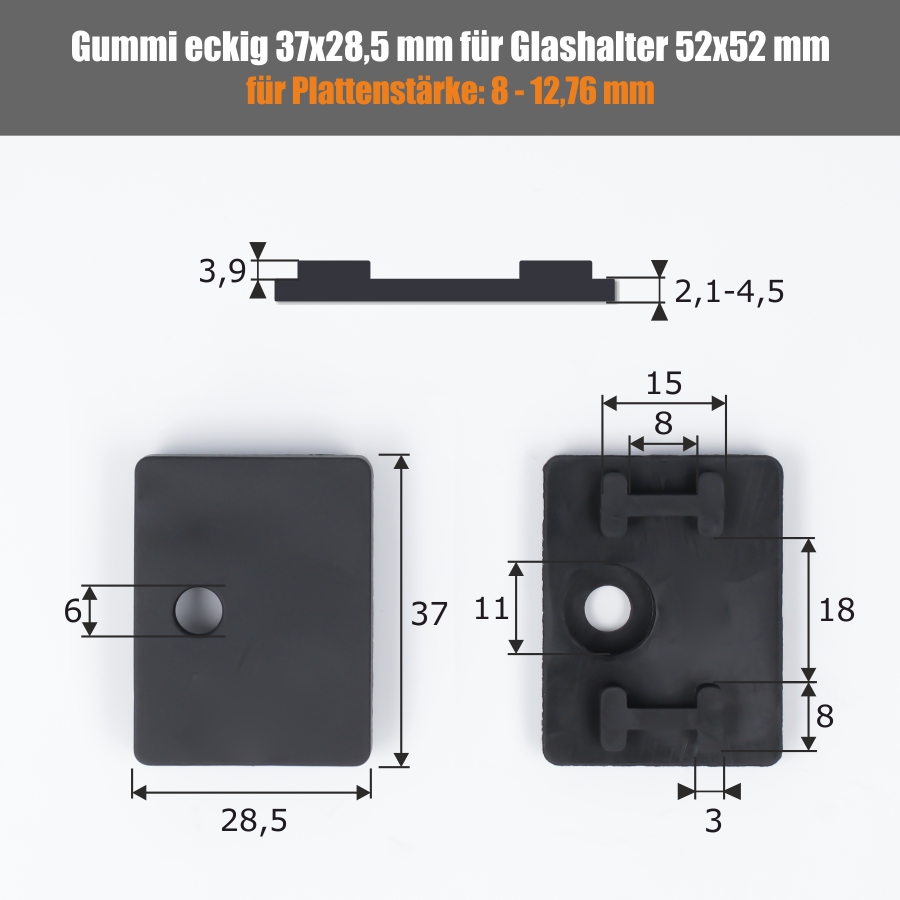 Ersatzgummis 2 x Gummi 37x28,5 mm Plattenstärke: 8-12,76 mm | für Glashalter 52x52 eckig