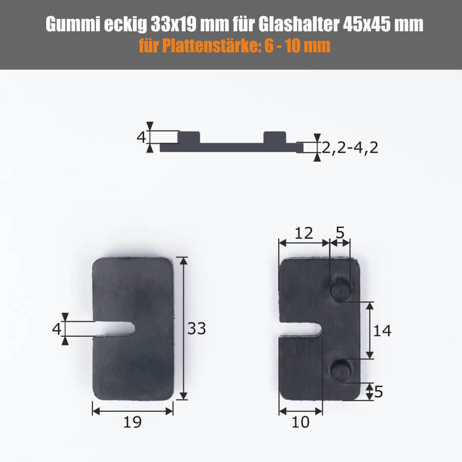 Ersatzgummis 2 x Gummi 33x19 mm Plattenstärke: 6-10 mm | für Glashalter 45x45 eckig