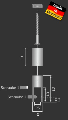 Abhängesystem Ø18mm PS:1-10mm Seil Ø 2 mm Madenschraube Edelstahl Abhängesystem Ø18mm PS:1-10mm Seil Ø 2 mm Madenschraube Edelstahl