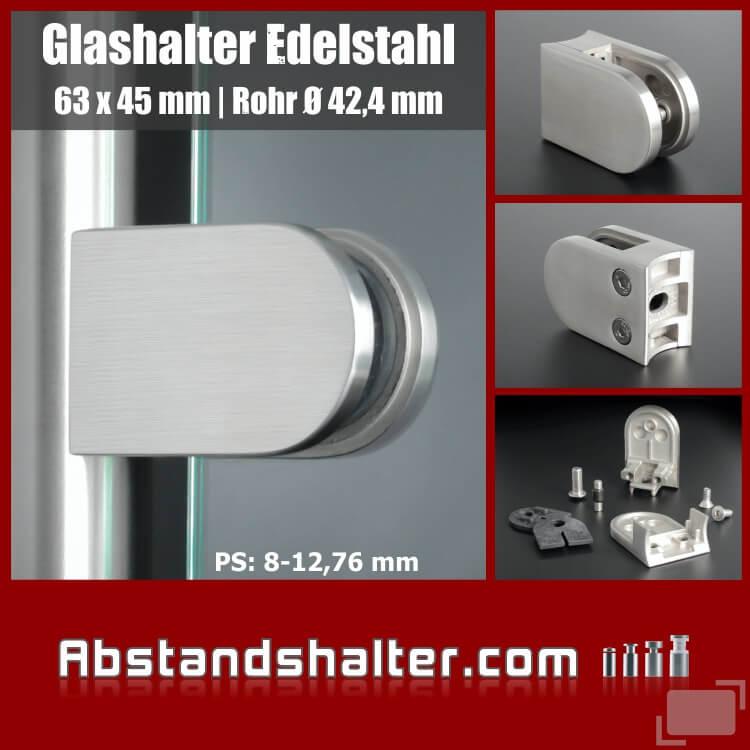 Glashalter Edelstahl V2A halbrund 63x45mm + Sicherungsstift | Rohr 42,4mm 10,76-12,76 mm