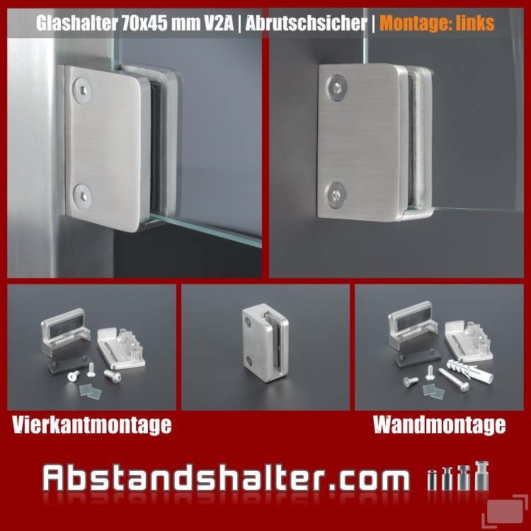 Glashalter Absturzsicher Edelstahl eckig 75 x 45 mm PS: 6-10 mm | flach | Spuckschutz