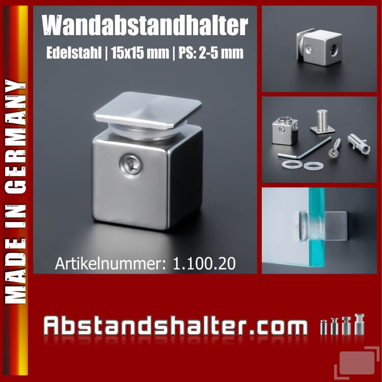 Wandabstandhalter 4-eckig Edelstahl V2A 15x15mm WA: 15 mm PS: 2-5 mm