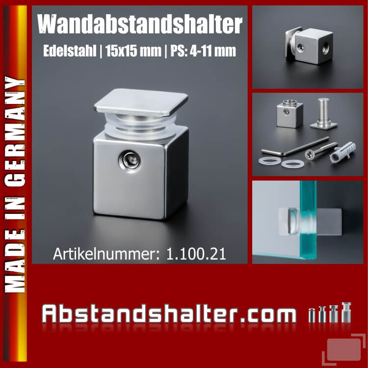Wandabstandshalter 4-eckig Edelstahl V2A 15x15mm WA: 15mm PS: 4-11mm
