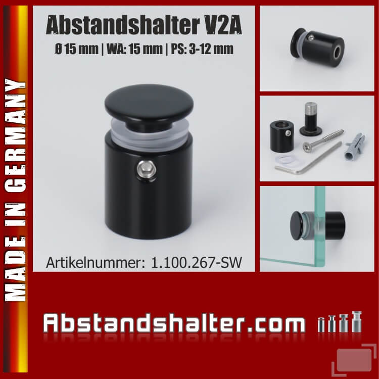 Edelstahl Abstandshalter V2A schwarz lackiert Ø 15 mm WA: 15 mm PS: 3-12 mm | Halter