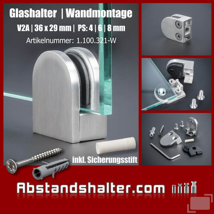 Glashalter+Stift Ablagenhalter Edelstahl 36x29mm PS:4-8mm Wandmontage