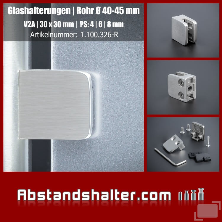 GLASHALTER 40x55mm ROHR Edelstahl Ø 42,4mm 8mm 8,38mm 8,76mm Glasklemme 