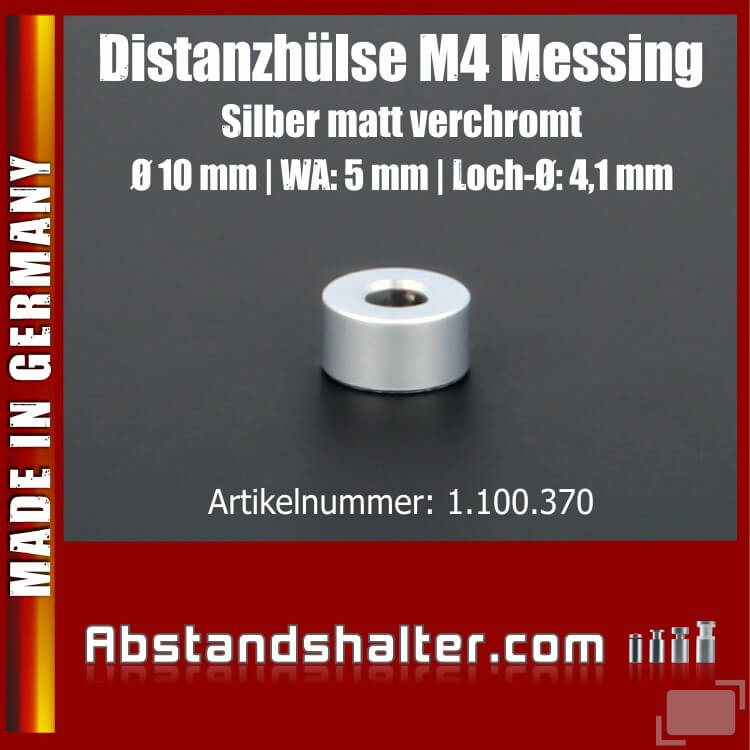 Distanzhülse M4 Messing matt verchromt Ø10mm WA:5mm L-Ø:4,1mm Silber