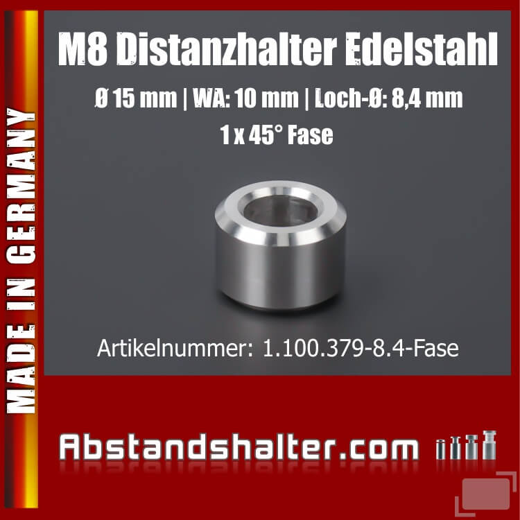 Distanz-Ring Distanzhülse Edelstahl Ø15x10 mm L-Ø:8,4 mm | 1x45°-Fase | V2A | M8