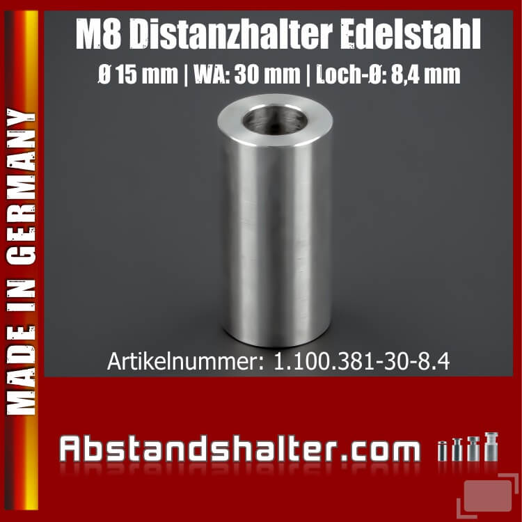 Distanzring Edelstahl Ø15mm WA:30mm L-Ø:8,4mm | Abstandshülse M8 | V2A