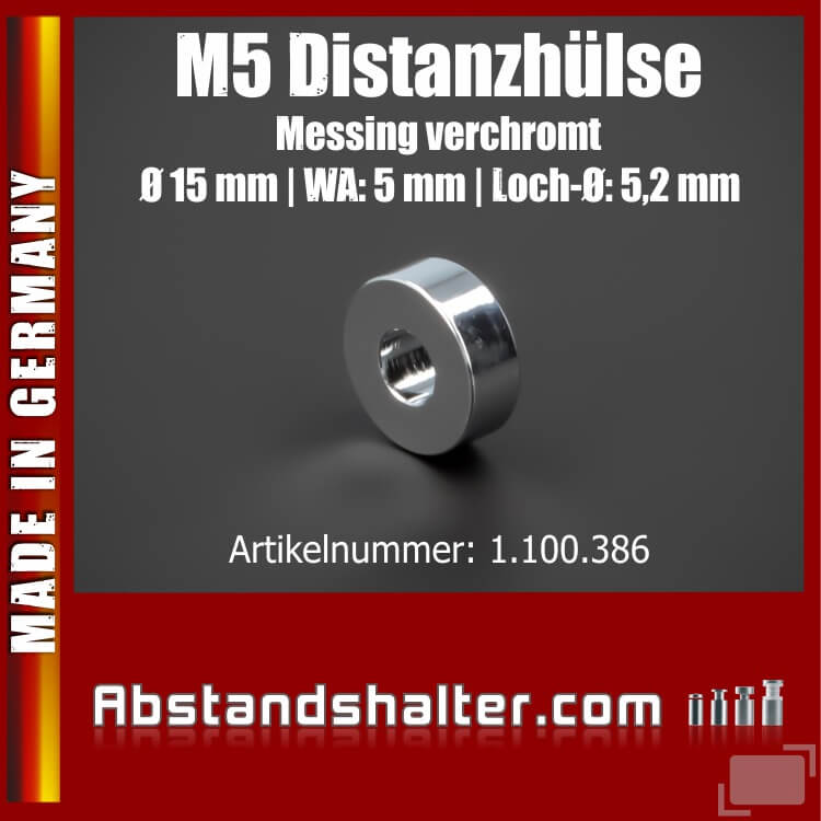 Distanzhülse M5 Messing verchromt glänzend Ø15x5mm L-Ø:5,2mm | Chrom