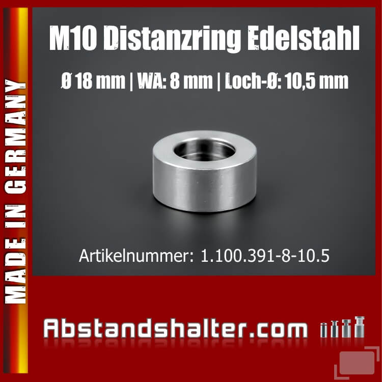 Distanz-Ring M10 Edelstahl Ø 18 mm WA: 8 mm Loch-Ø: 10,5 mm | V2A
