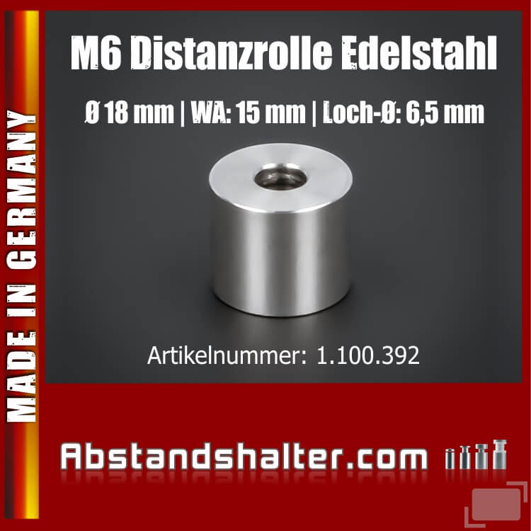 Distanz-Rolle M6 Abstandsrolle Edelstahl Ø18x15mm L-Ø:6,5mm Hülse V2A