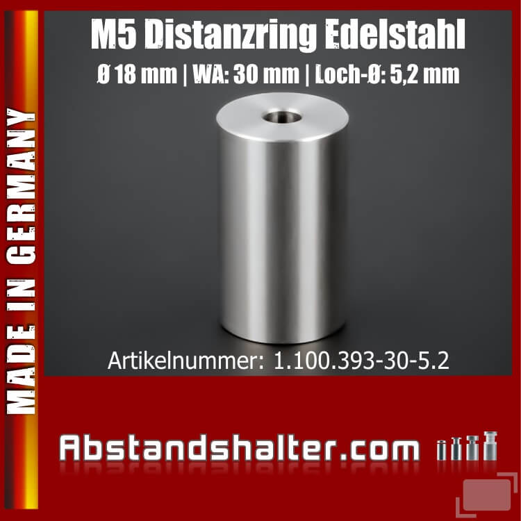 Distanzring M5 | Abstandshülse Edelstahl Ø18mm WA:30mm L-Ø:5,2mm | V2A