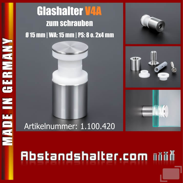 Glashalter schraubbar V4A 15 x15 mm für 8 mm o. 2 x 4 mm
