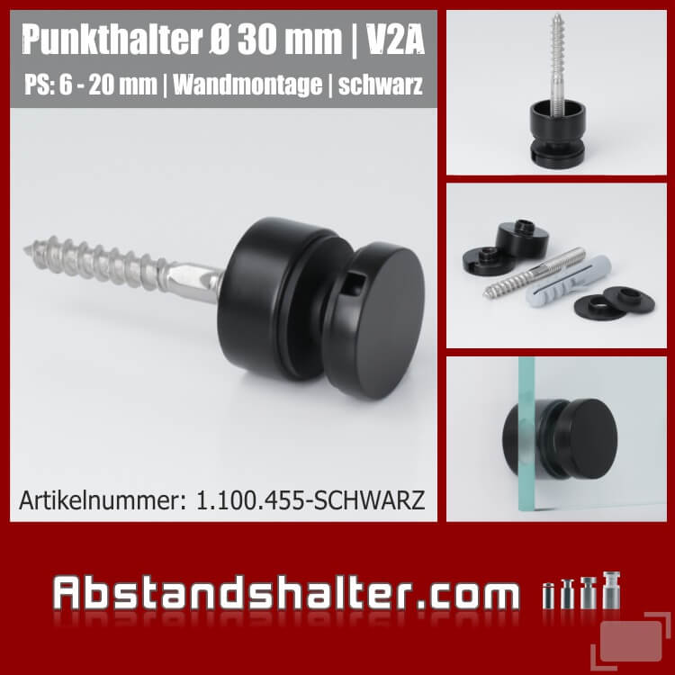 Glas-Punkthalter schwarz RAL9005 für Platten 6-20 mm Edelstahl Ø30 mm WA 15 mm | Wandmontage