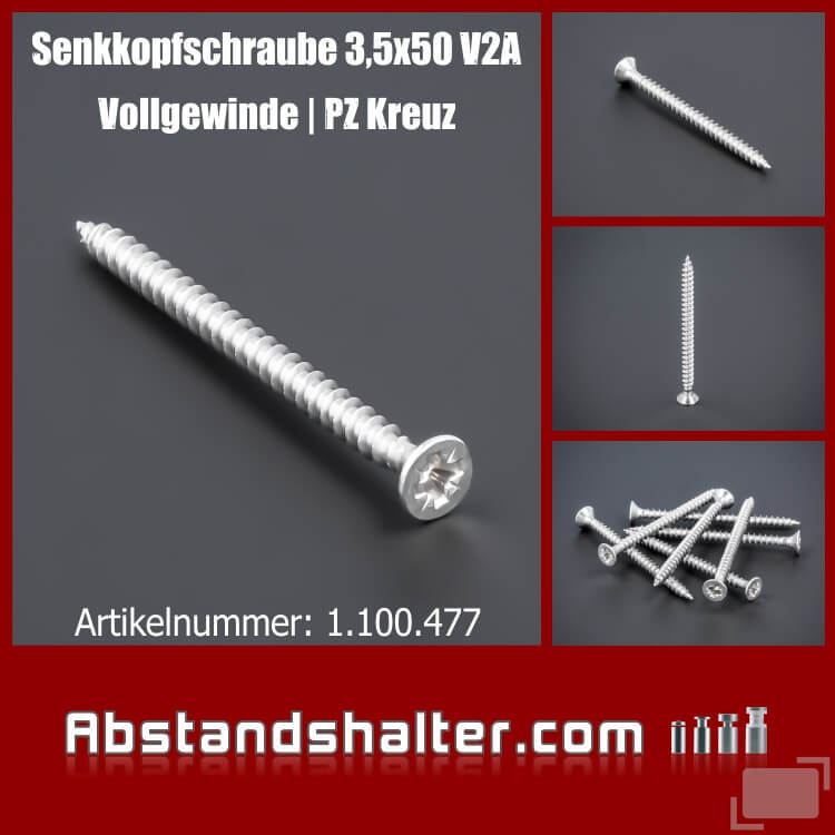 Schraube 3,5x50mm, Edelstahl V2A - A2, Senkkopf - Kreuz, Vollgewinde