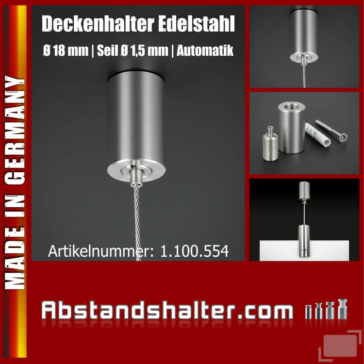 Deckenhalter Ø18 mm L: 30 mm für Seil 1,5mm Automatik | Edelstahl V2A