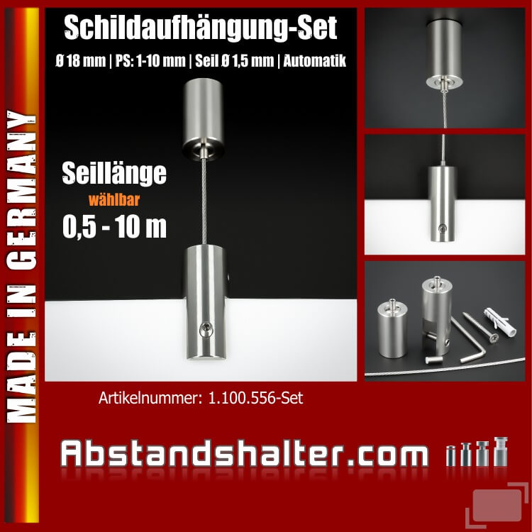 Schildaufhängung-Set Edelstahl Ø18mm PS:1-10mm Seil 0,5-10m Automatik