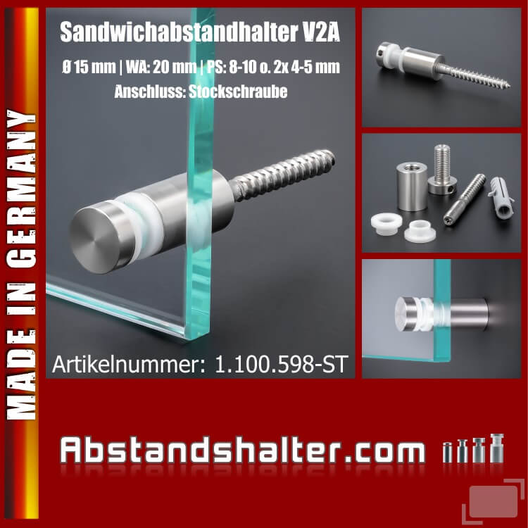 Sandwichabstandhalter V2A Ø15x20mm PS:8-10mm o.2x4-5mm | Stockschraube