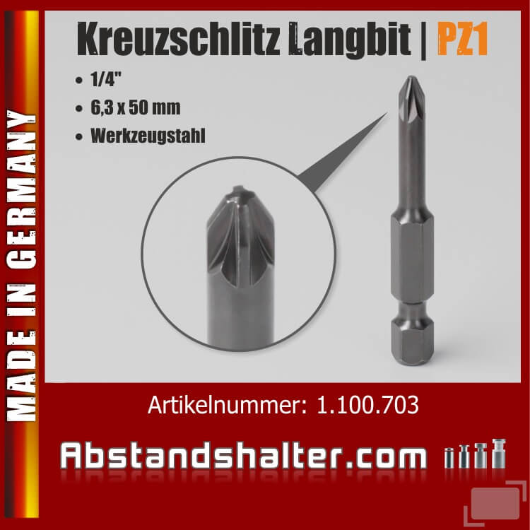 Kreuzschlitzbit Bit lang Werkzeugstahl abgedreht Pozidriv1 50mm