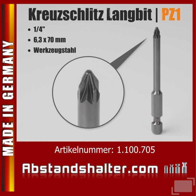 Kreuzschlitzbit Bit lang Werkzeugstahl abgedreht Pozidriv1 70mm
