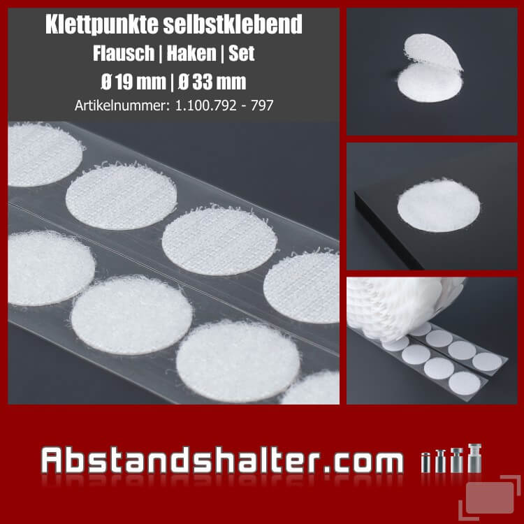 Klettpunkte Klettverschluss Haft- und Flauschteil Ø 19 oder 33 mm für Metall Plexiglas Kunststoff Pappe