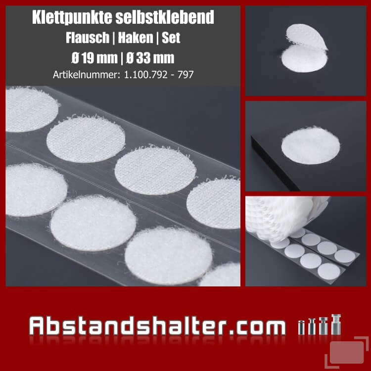 Selbstklebende Klettpunkte, 10mm / 15mm / 20mm, weiß, rund, Klettverschluss