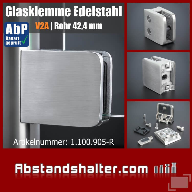 Glasklemme 52x52mm Edelstahl + Sicherung PS: 8-12,76 mm | Rohr Ø 42,4