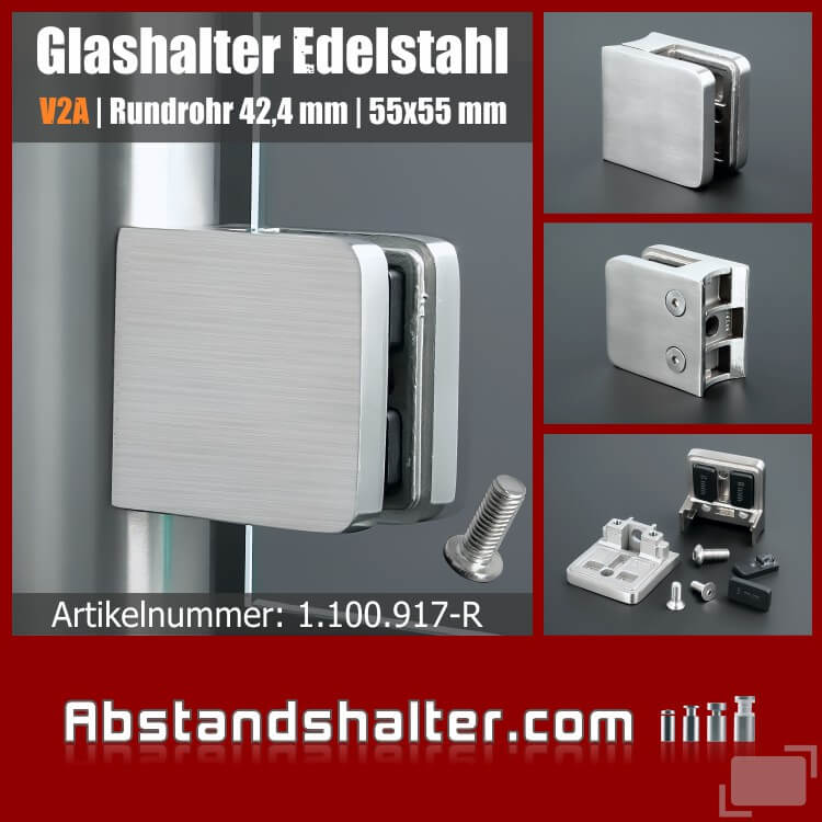 Edelstahlhalter für Rundpfosten Ø42,4mm eckig PS: 8-12,76 mm | Glas | Metall | Dibond | Kunststoff | Holz