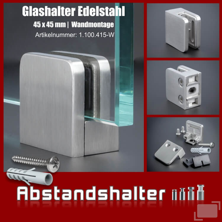 Glashalter Edelstahl eckig 45x45mm | Wandmontage